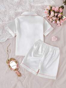 Girls Pajamas Set, Minimalist Apricot Color Ribbed Short Sleeve Cardigan With Bowknot Design, Matching Shorts, 2 Pieces Loungewear - Apricot - View 2