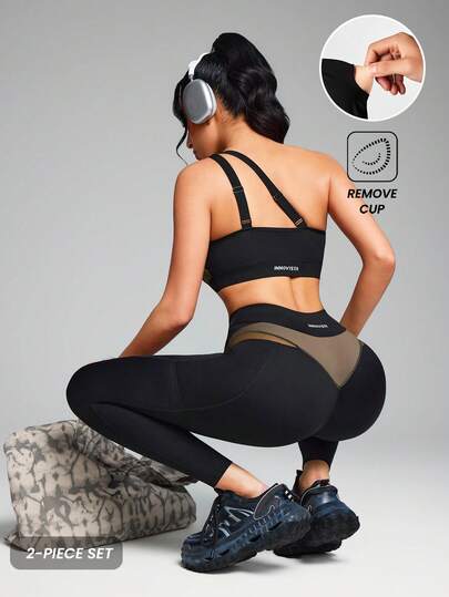 Innovista 女士撞色拼接透视网纱高腰舞蹈紧身裤