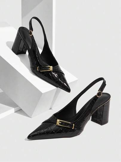 CUCCOO SZL Women Shoes Four Seasons New Large Metal Buckle Design Pointed Thick Heel High Heel Commuter Fashion Animal Embossed Leather Women's High Heel Shoes Dating Afternoon Tea Party Dinner Daily Commuter Wear Spring Shoes