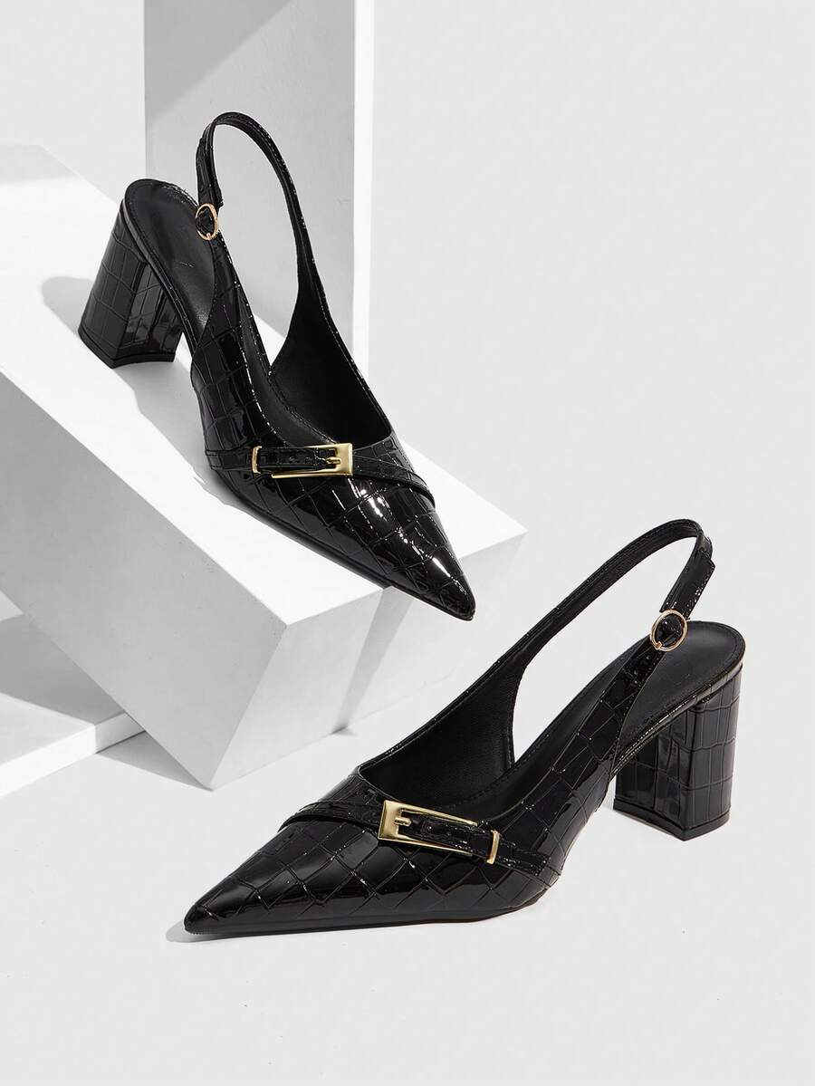 CUCCOO SZL Women Shoes Four Seasons New Large Metal Buckle Design Pointed Thick Heel High Heel Commuter Fashion Animal Embossed Leather Women's High Heel Shoes Dating Afternoon Tea Party Dinner Daily Commuter Wear Spring Shoes - Black - View 1