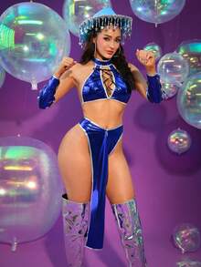 Fantasy Costume 3pcs Chun Li Warrior Cosplay Criss-Cross PU Patchwork Slit Lingerie Set: Bra + Mini Skirt + Panty - Royal Blue - View 5