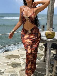 Sirith Spring/Summer Random Printed Spaghetti Strap Backless Hollow Out Design Beach Vacation Dress For Women Sexy Vacation Dress Bikini Dress - Multicolor - View 4