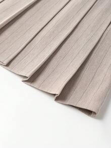 Franclia 女士夏季高腰百褶迷你裙，松紧腰带设计，条纹梭织面料，百搭款式，休闲时尚，适合日常穿着 - 卡其色 - 查看 4