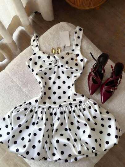 SHEIN Franclia Women's Summer Romantic Satin Dress, Minimalist Polka Dot Fabric, Wide Strap Twist Front Crop Dress, Shirred Waist Flared Hem, Suitable For Dates, Vacations, Valentine's Day, Spring/Summer Outings. Black & White Color Versatile, Easy To Match With Shoes And Bags For Daily Wear