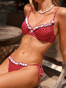 Swim Mod 2pcs/Set Sweet Polka Dot Bow Decor Triangle Bottoms Side Tie Women Swimwear, Suitable For Spring/Summer Beach - Red and White - View 1