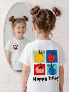 SHEIN Genkimix Kids Young Girls Fruit Graphic Print Short Sleeve T-Shirt,Cute Strawberry Pattern White Summer School Tee,Casual Comfortable Kids Y2k Tops - White - View 6
