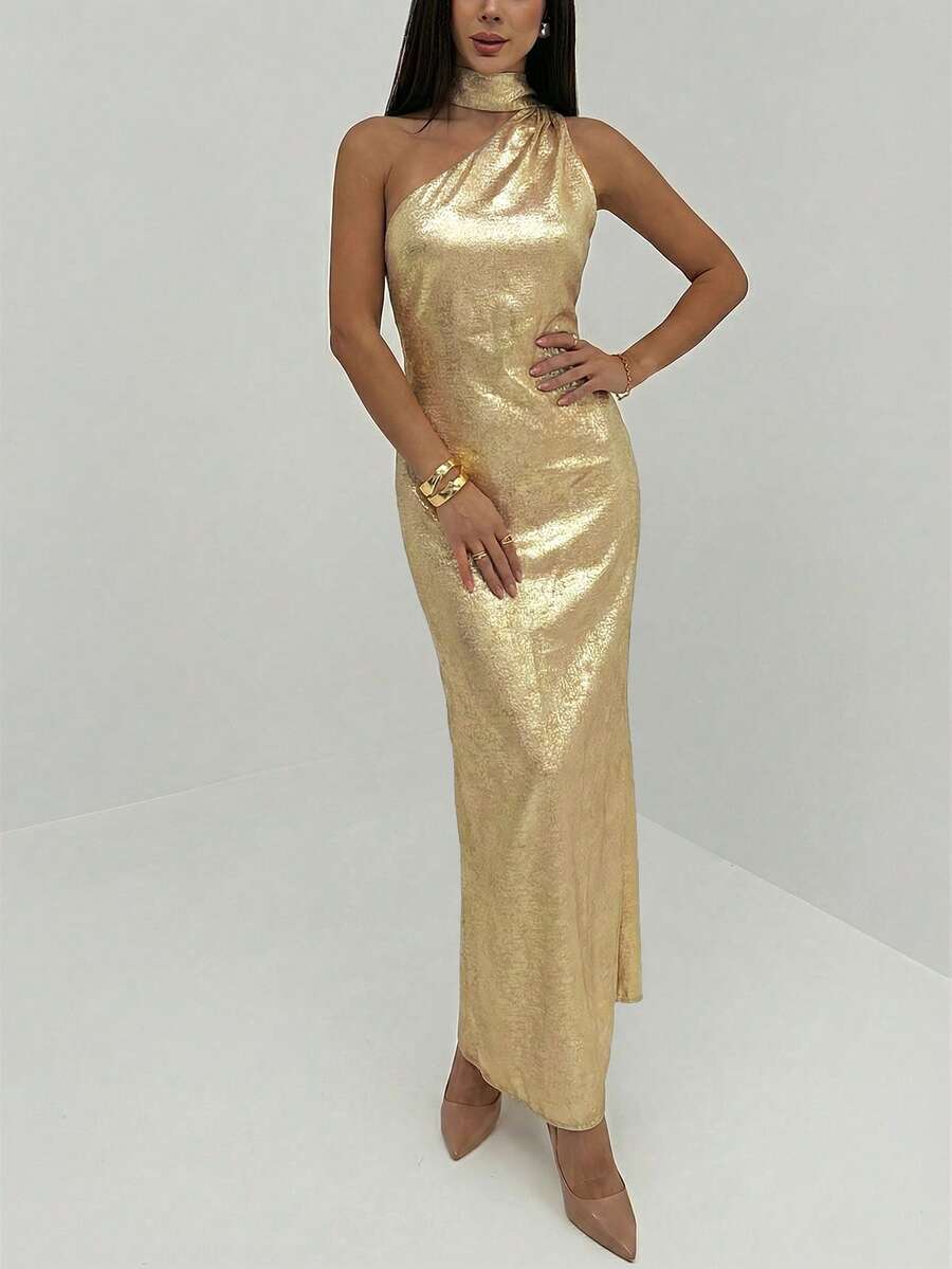 Aloruh Women's Metallic One Shoulder Dress, Fashionable For Dates, Parties,Summer Dresses For Women - Gold - View 1