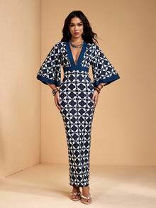JIAN LASALA Đầm maxi ôm sát người nữ, in họa tiết toàn thân, phối màu khối, cổ chữ V sâu, tay loe, phong cách boho thường ngày thanh lịch. - Nhiều màu - Xem 3