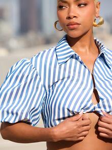 Vixey 条纹深V领尖领花瓣袖衬衫 - 藍白色 - 查看 5