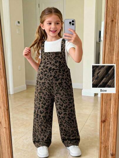 SHEIN Playful Pals Young Girls Cute Style Toddler Girls Leopard Print Bib Pants, Coffee Brown, Button Strap Design, Loose Straight Fit, Corduroy Fabric, Suitable For School, Commute, Daily Wear, Spring/Summer/Autumn/Winter