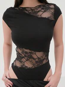 Duda Rubert Women's Contrast Lace Bodysuit With Capped Sleeves, Slim Fit & Sexy - Black - View 6