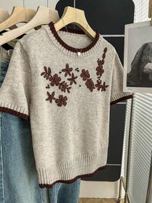 SHEIN Franclia Áo len nữ dệt kim dáng rộng, họa tiết hoa ngọt ngào, phong cách retro, hàng mới về, thích hợp cho mùa xuân/thu. - Cà phê nâu - Xem 4