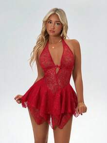 Amplova 深V领露背蕾丝拼接不对称下摆甜美别致少女迷你连衣裙 - 紅色 - 查看 5