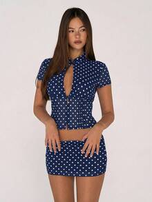 Sweetina Polka Dot Mesh Print Hollow Cardigan Top And Mini Bodycon Skirt 2 Piece Set For Women - Navy Blue - View 3