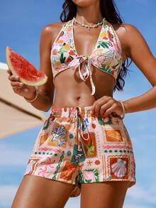 Swim Vcay 新款亚麻印花休闲宽松阔腿短裤，度假风 - 彩色 - 查看 1