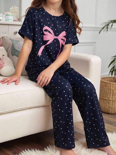 Genkimix Kids Girls' Fashionable Cute Polka Dot Bow Print Short Sleeve Top And Loose Pants 2pcs Casual Comfortable Pajama Set