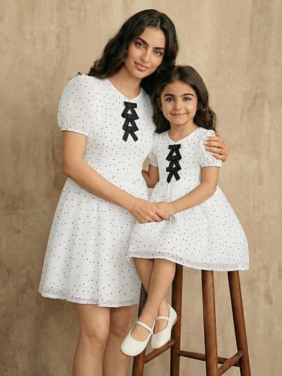 SHEIN 女童波点印花蝴蝶结装饰短袖连衣裙