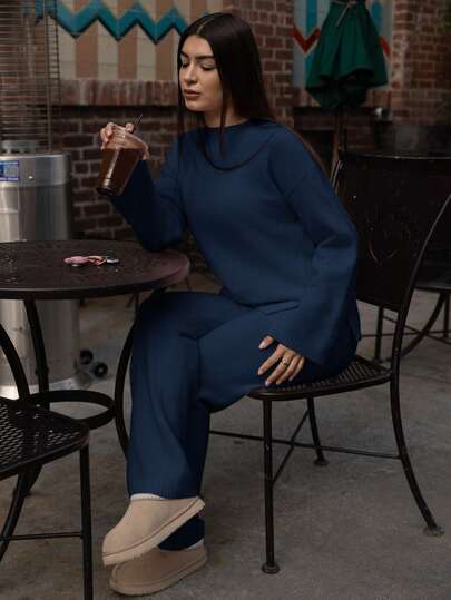 Andrea Bello 2 件套女式纯色立领长袖套头衫和裤子休闲毛衣套装