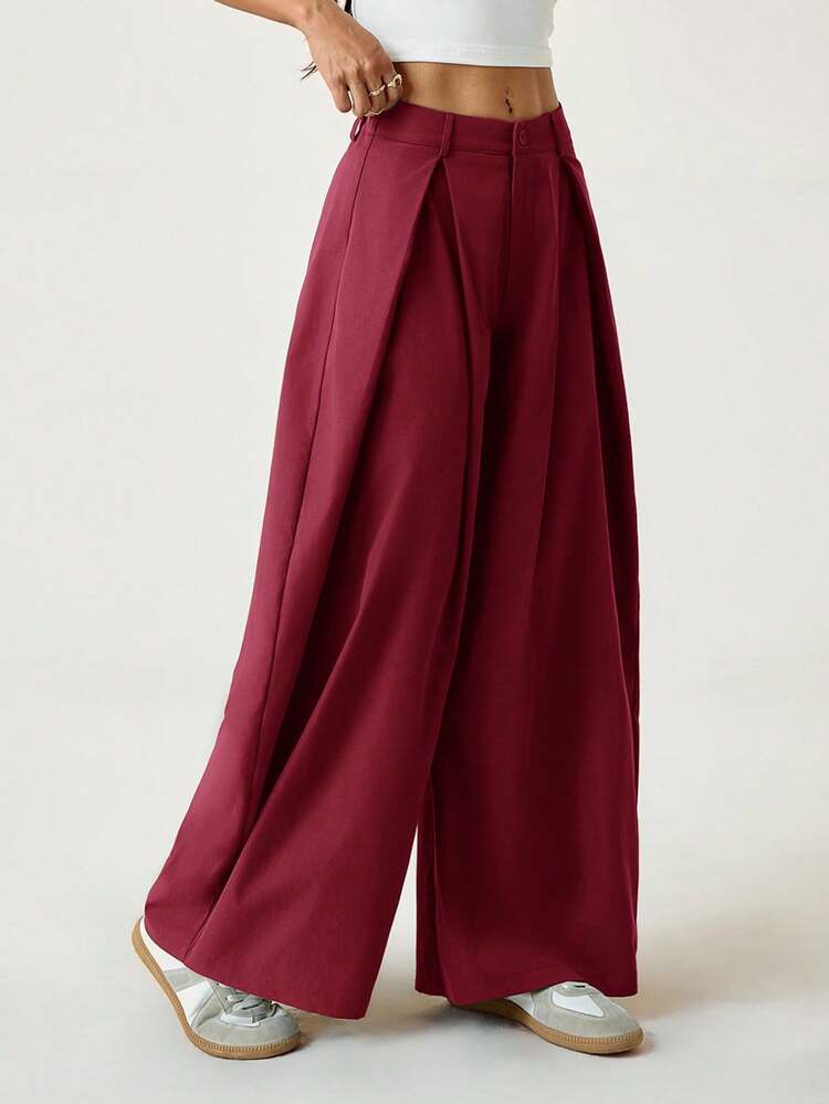SHEIN PETITE Pantaloni estivi da donna casual e vintage, stile streetwear, pantaloni oversize con orlo curvo verde militare - Bordò - Visualizzare 4