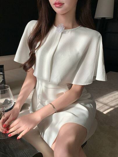 DAZY Spring & Summer Textured Plaid White Cropped Top, Fashion Pearl Embellished Shrug, Elegant For Valentine's Day, Wedding, Party, Formal Occasion, Commute