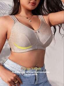 1 pieza Sujetador inalámbrico elegante y cómodo de talla grande para mujer, con decoración de lazo, de tela jacquard suave y ajustable - Albaricoque - Ver 3