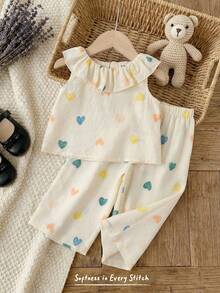 Cozy Pixies 2pcs Baby Girl Heart Pattern Sleeveless Crew Neck Top And Elastic Waist Pants Set - Multicolor - View 1