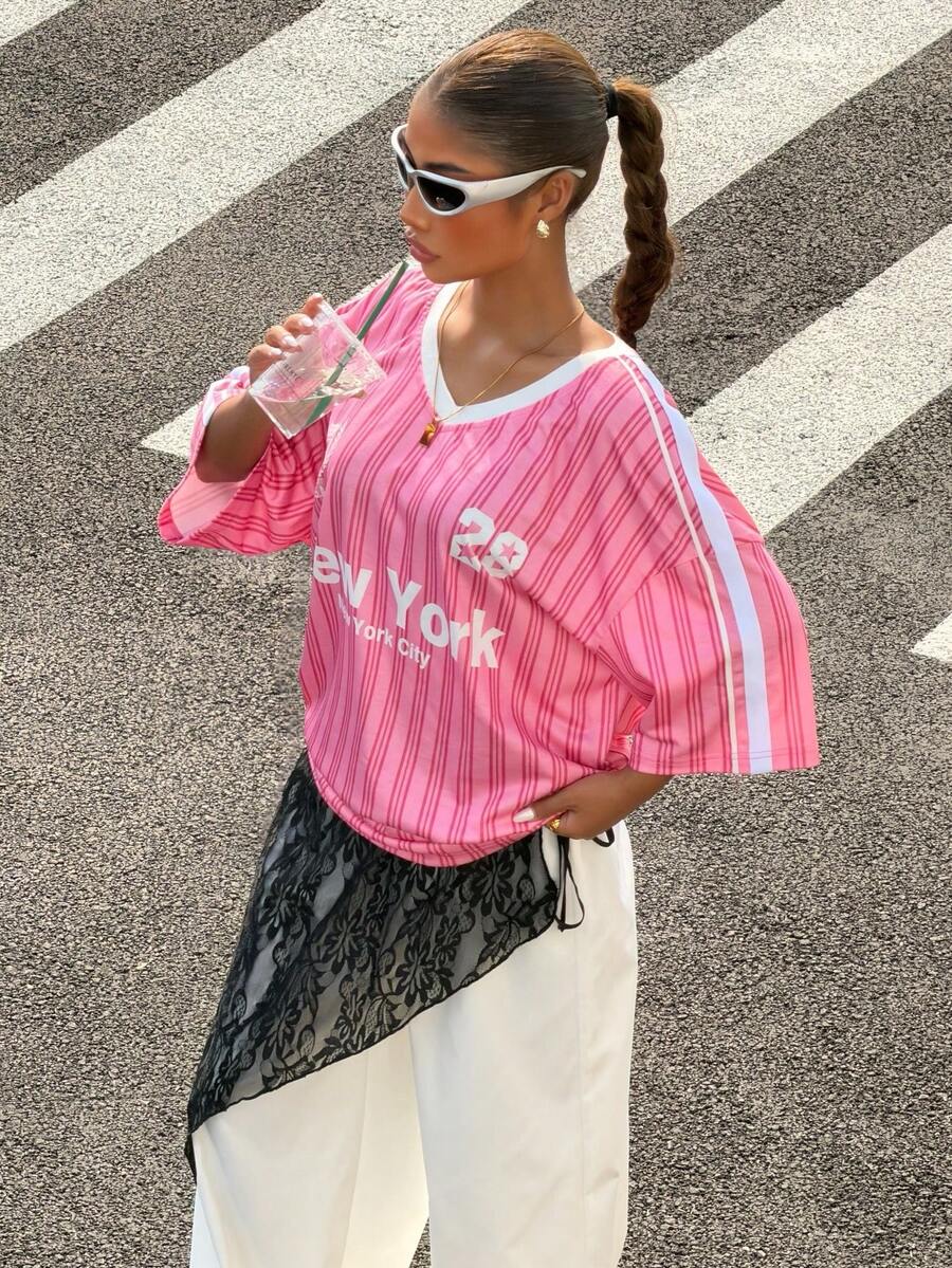 Muchica Pink Striped Knit T-Shirt, Collegiate Style For Women,Summer Clothes Women,Blockette Style - Pink - View 1