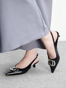 CUCCOO BIZCHIC 女士尖头黑色漆皮新款金属扣踝带露跟时尚通勤日常休闲约会高跟鞋 - 黑色 - 查看 5