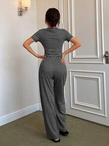 SHEIN Napfluff Women Casual Striped Collar Fitted Loungewear Set - Multicolor - View 2