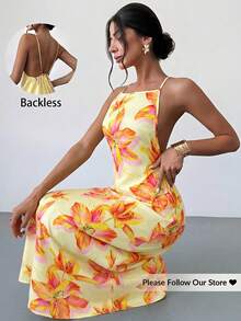 Firerie 女士纯色休闲吊带露背印花宽松夏威夷度假连衣裙，奶油黄 - 彩色 - 查看 9