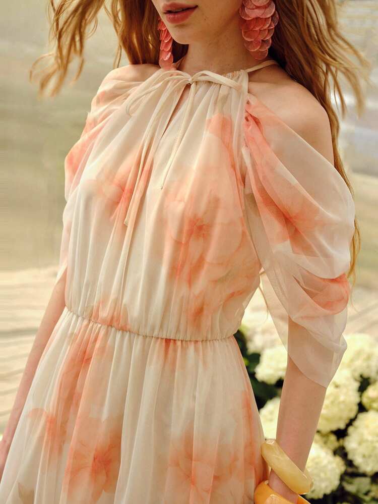 ROMANTIC HALTER NECK COLD-SHOULDER RUFFLE HEM FLORAL PRINT DRESS, WITHOUT WAIST BELT, SPRING/SUMMER