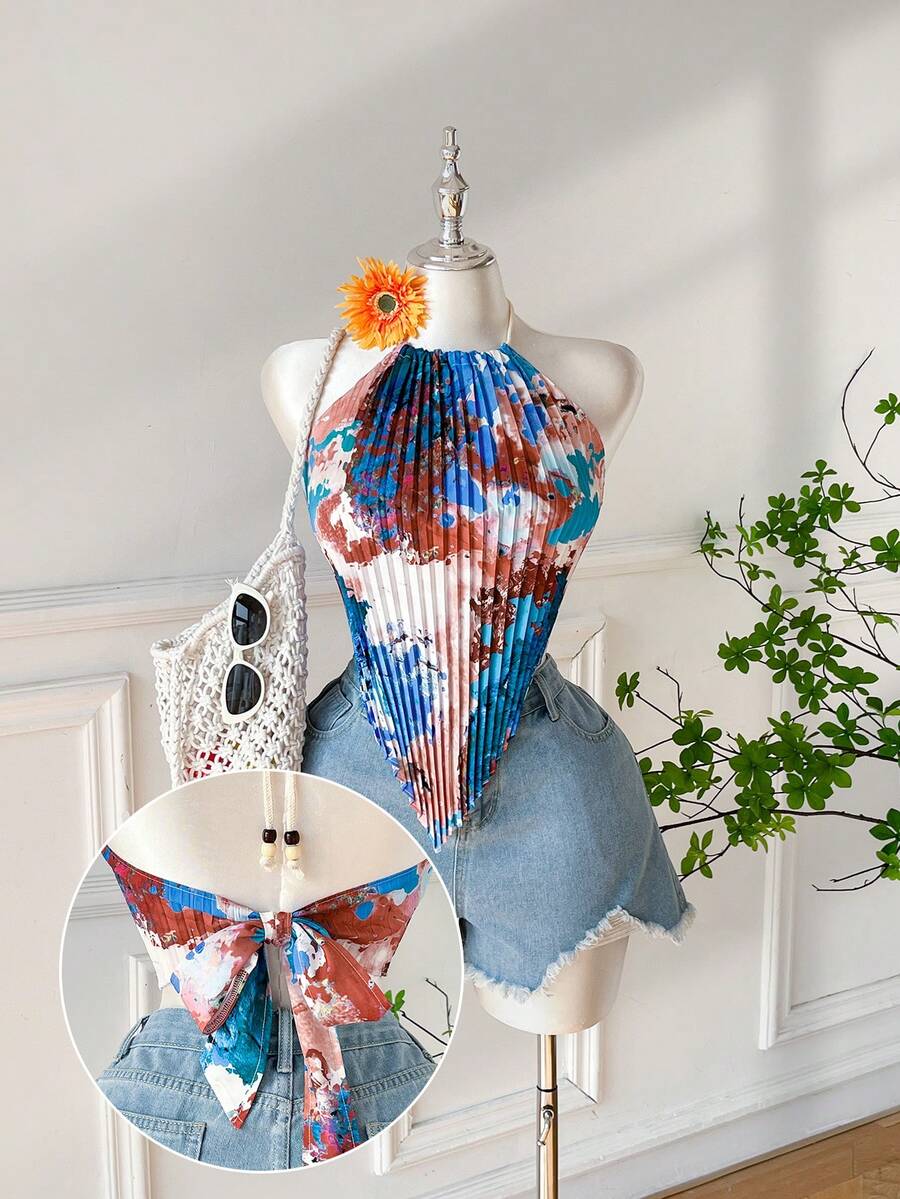 SHEIN Comfortcana Camiseta de tirantes finos asimétrica con pliegues y estampado de pintura al óleo romántica de primavera, talla grande - Azul - Ver 1