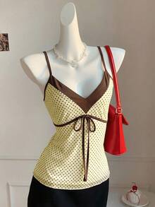 Comfortcana Plus Size Polka Dot Contrast Color Patchwork Front Tie Bow Casual Cute Camisole, Spring/Summer - Yellow - View 9