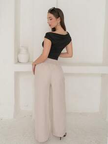 Duda Rubert 夏季裤子女士条纹抽绳腰直筒宽松休闲裤 - 杏色 - 查看 2