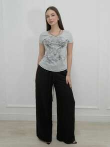 Duda Rubert Women's Gothic Floral Print Rhinestone V-Neck Short Sleeve Fitted Tee, Punk Style V-Neck Retro T-Shirt - Grey - View 1