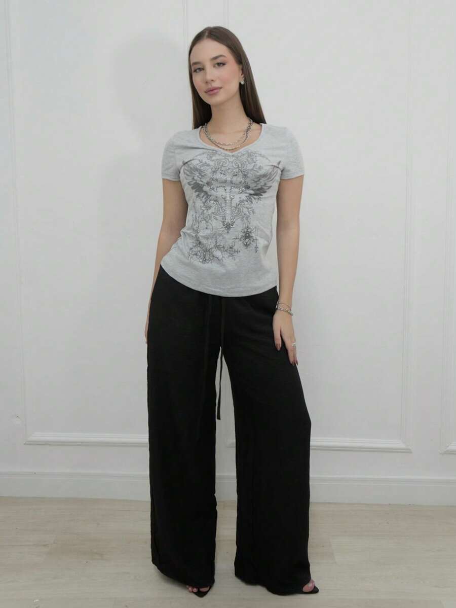 Duda Rubert Women's Gothic Floral Print Rhinestone V-Neck Short Sleeve Fitted Tee, Punk Style V-Neck Retro T-Shirt - Grey - View 1