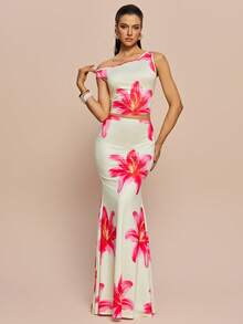 Olia Maree Olia Maree 女士夏季两件套，不对称领口露肩无袖短款上衣搭配高腰美人鱼长裙，花卉数码印花针织面料，弹力舒适，休闲修身，时尚年轻，适合日常穿着、海滩度假等场合。花卉长裙套装，度假装，修身长裙，女士晚宴礼服套装，两件套裙装，花卉连衣裙，长款花卉连衣裙，花园派对连衣裙，夏季花卉连衣裙，芙蓉花连衣裙，花卉婚礼宾客连衣裙，度假晚宴连衣裙，长款夏季连衣裙，女士夏季两件套，女士派对连衣裙，女士春季连衣裙，女士正装 - 彩色 - 查看 1