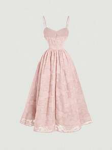 SHEIN MOD 女士提花结饰褶皱腰身优雅中长吊带连衣裙，适合派对穿着 - 粉色 - 查看 2