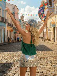 CAJUNI Women's Boho Tropical Olive Green Crinkle Fabric, Leisure Beach Vacation Tasseled Halter Cropped Top - Green - View 3