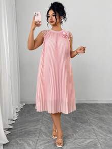 SHEIN Elenzya 大码女式梭织连衣裙，常规款，早春优雅约会/通勤连衣裙，饰有3D立体花朵褶皱细节，莲花粉色圆领 - 藕粉色 - 查看 3