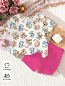 Bộ đồ thể thao mùa xuân hè dành cho bé gái, phong cách thường ngày, sáng tạo, cá tính, tươi mới, tối giản, dễ thương, họa tiết hoạt hình chú cún con màu hồng, trái tim, nơ và ngôi sao, gồm áo thun ngắn và quần đùi, thoải mái để mặc hàng ngày, ấm áp cho mùa hè và mùa thu, phù hợp với trang phục thể thao hàng ngày của bé gái. - Nhiều màu - Xem 2