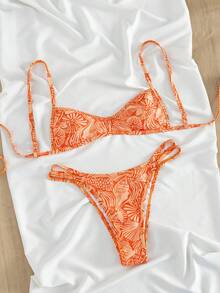 Swim Vcay Spring/Summer New Arrival Sweet Orange Base Seashell Print Tie-Side Two Pieces Three-Point High-Cut Triangle Bikini Set, Sexy Push-Up Swimwear For Women, Beach Holiday Vacation - Burnt Orange - View 4
