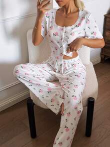 SHEIN Floral Print Contrast Lace Slim Fit Romantic Women Pajama Set - Multicolor - View 5