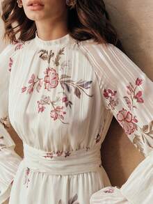 Anewsta Elegant Women's Long Chiffon A-Line Dress With Ruffle Hem And Stand Collar Extra-Long Raglan Sleeves In Apricot Plant Print - Apricot - View 7