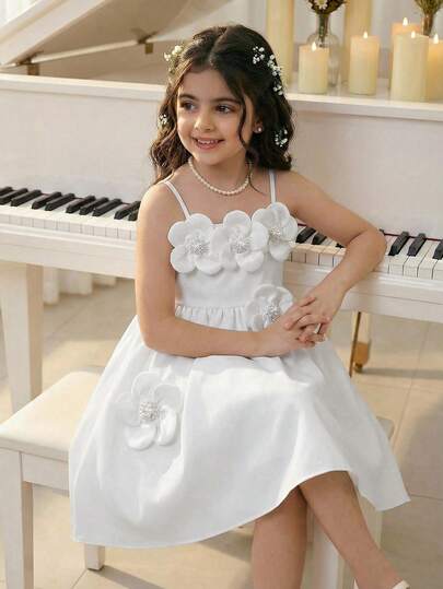 Girls' Sweet & Elegant White Sleeveless Strap Dress, Spring/Summer, 3D Floral & Pearl Decor, Waist Cinched, Birthday Party Dress