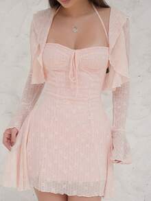 Duda Rubert 2 件套女士秋冬时尚蕾丝花边吊带背心和蕾丝领收腰 A 字迷你连衣裙套装 - 粉色 - 查看 3