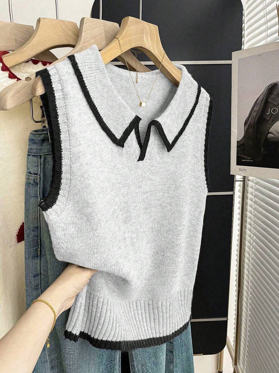 Franclia Oatmeal Grey Knit Vest,Polo Collar Contrast Trim Half-Button Slim Fit Soft Ribbed Sweater For Autumn,Casual School Back-To-School Layering Piece - Light Grey - View 1