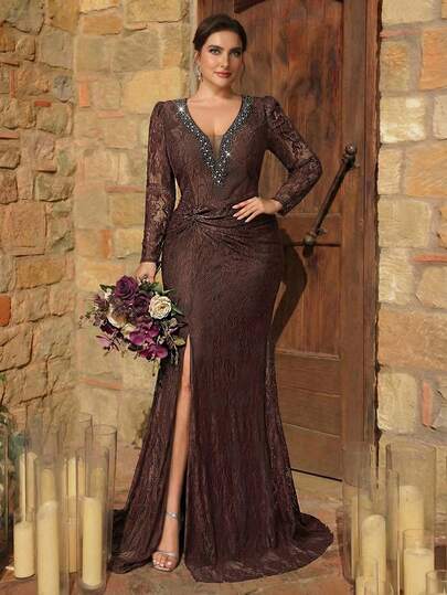 Serin Plus Size Elegant Romantic Brown Deep V Neck Long Sleeve Sheer Twist Knot Luxury Pearl & Rhinestone Decor French Lace High Slit Mermaid Hem Maxi Dress For Mother Of The Bride