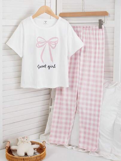 Tween Girl Bow Print Short Sleeve Top And Plaid Pants Pajama Set Girls Cute Set Girls Bow Pajamas Girls Lounge Set