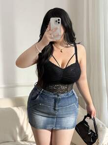 CovetEZ Plus Size Solid Color Sheer Lace Patchwork V-Neck Sleeveless Bodysuit, Spring/Summer  2026 New Arrival - Black - View 7